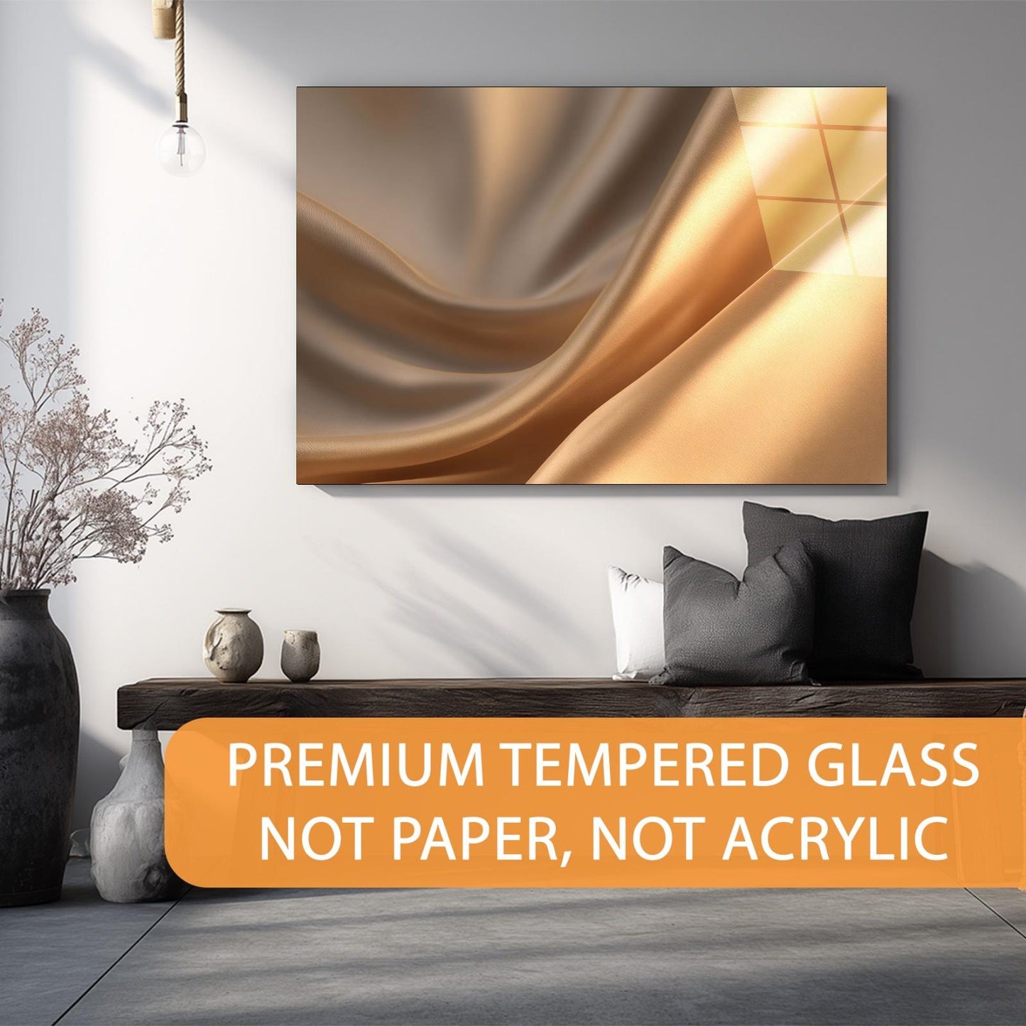 Modern interior design with a large abstract painting on the wall, text overlay about premium tempered glass, and decorative items.