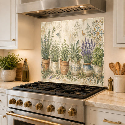 Farmhouse kitchen featuring a custom pot flowers tempered glass backsplash behind a white induction cooktop.