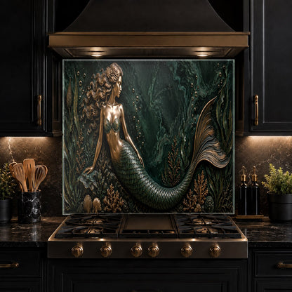 Elegant mermaid kitchen backsplash panel mounted on the wall behind a farmhouse sink with brass fixtures.