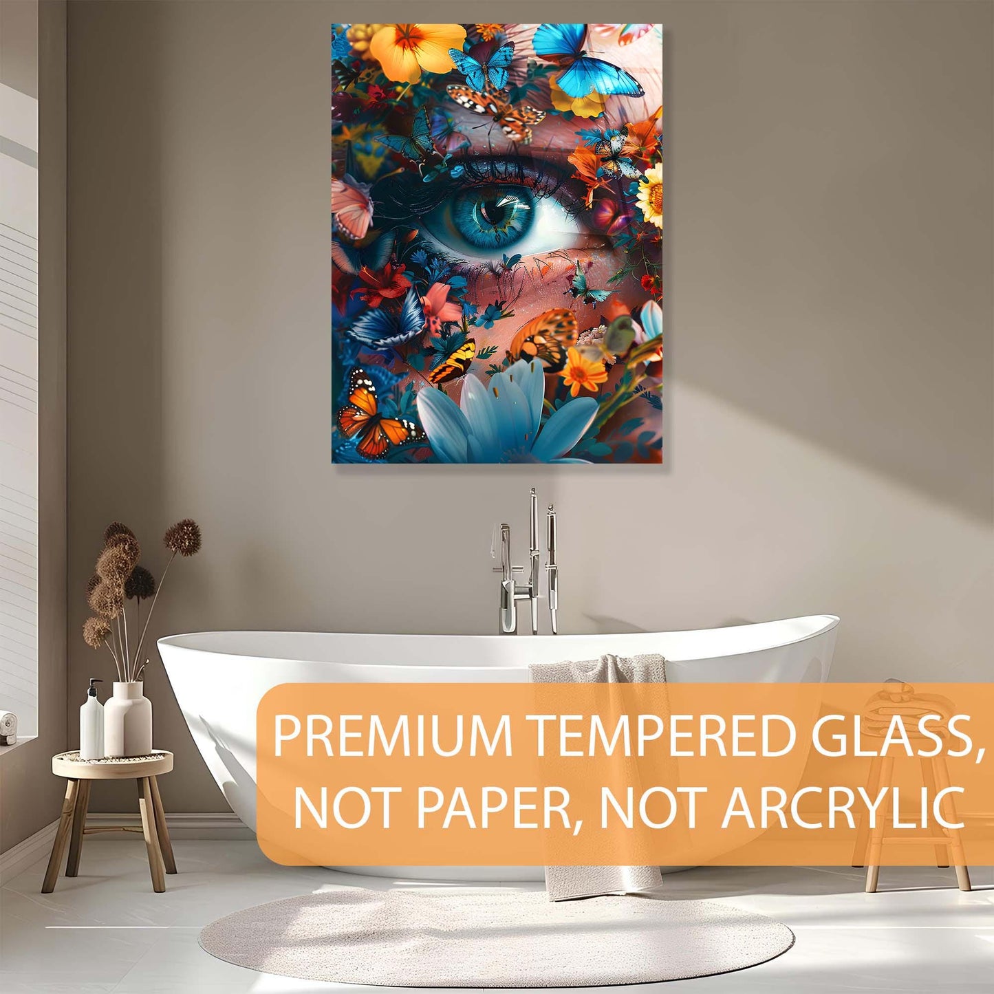 Colorful abstract art piece on a wall above a bathtub with text about premium tempered glass.