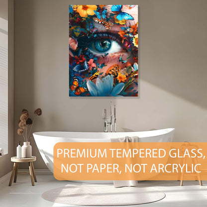 Colorful abstract art piece on a wall above a bathtub with text about premium tempered glass.