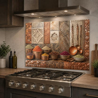 Close-up of Copper Spice glass backsplash showing high-gloss finish