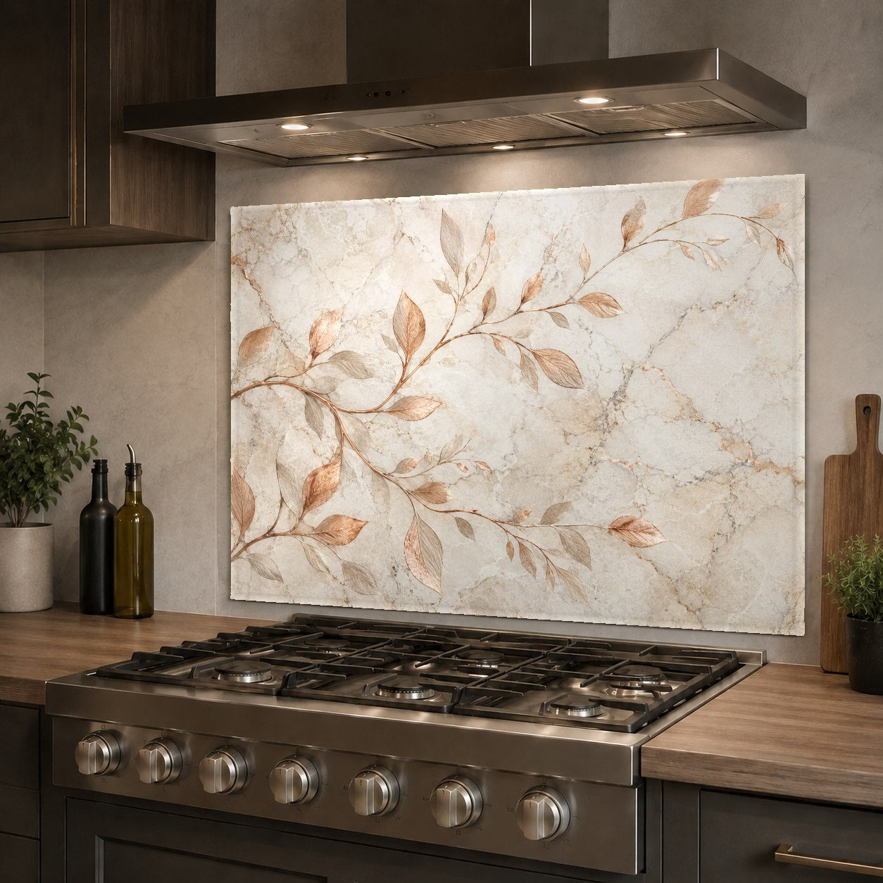 Hygienic and easy-to-clean glass kitchen backsplash with metallic tree branches behind a stainless steel sink.