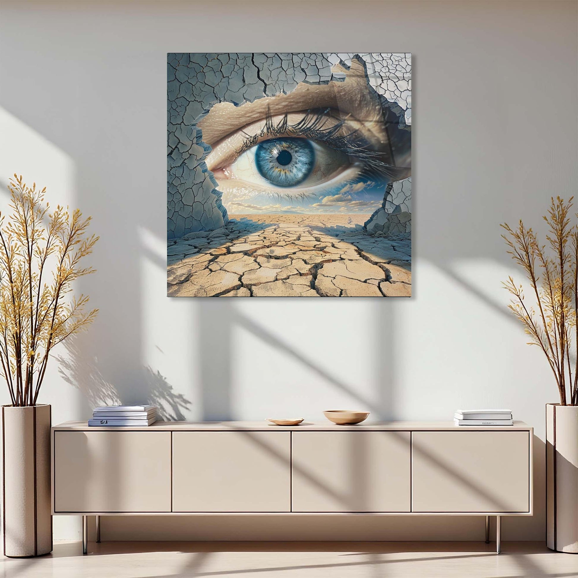 Abstract artwork of a cracked earth with an eye on a wall above a light-colored cabinet.