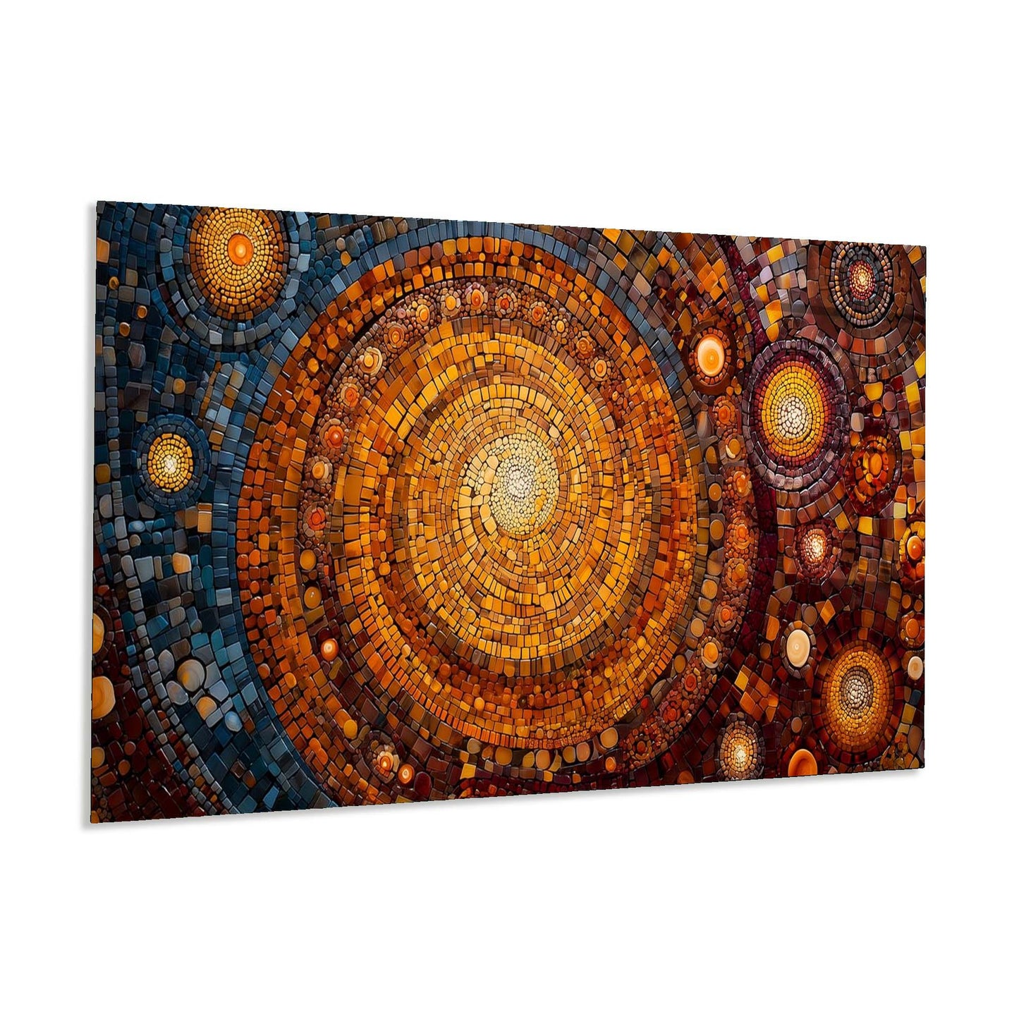 Circular mosaic art piece with concentric circles in warm colors on a white background