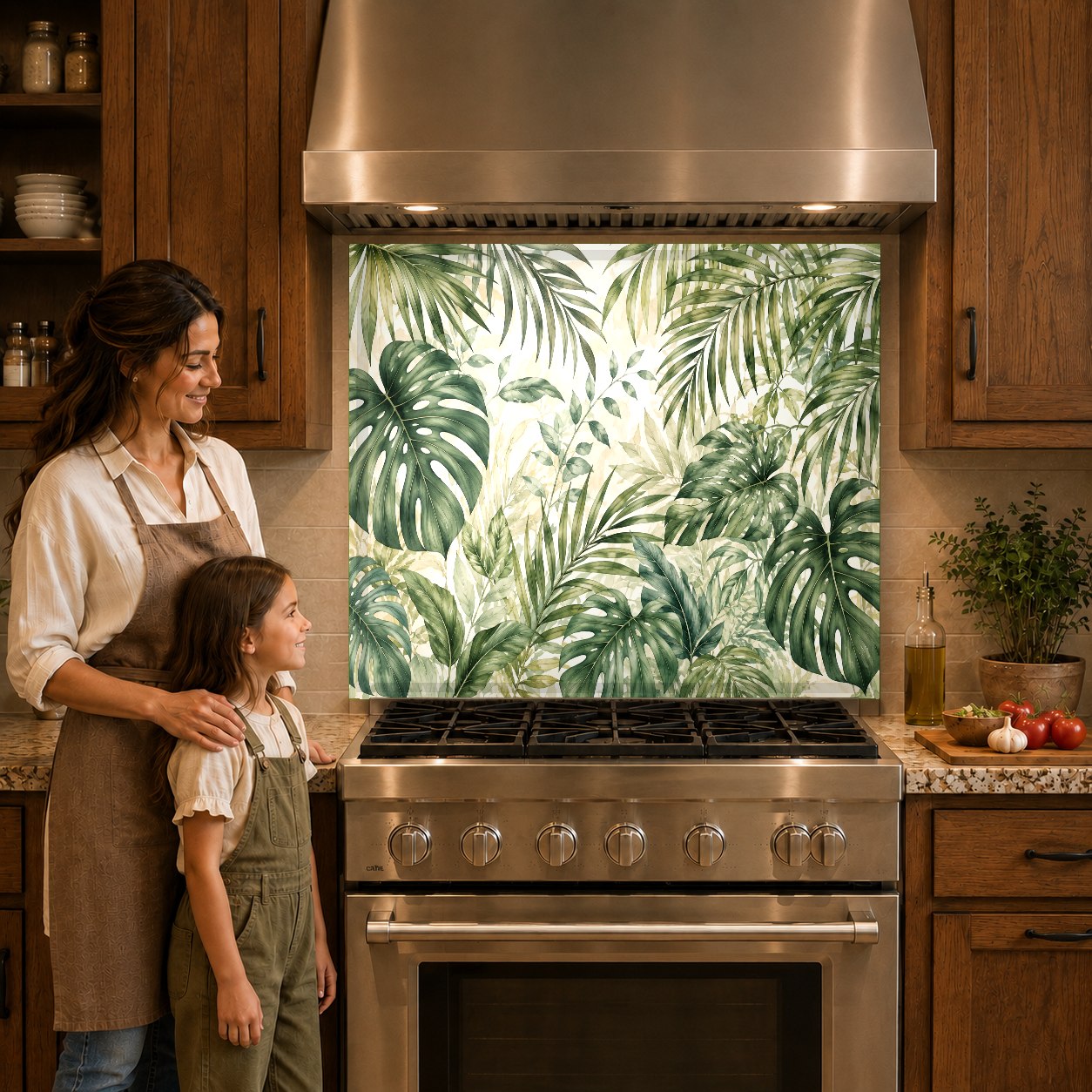 Lush green botanical glass backsplash guard mounted behind a sleek induction cooktop.