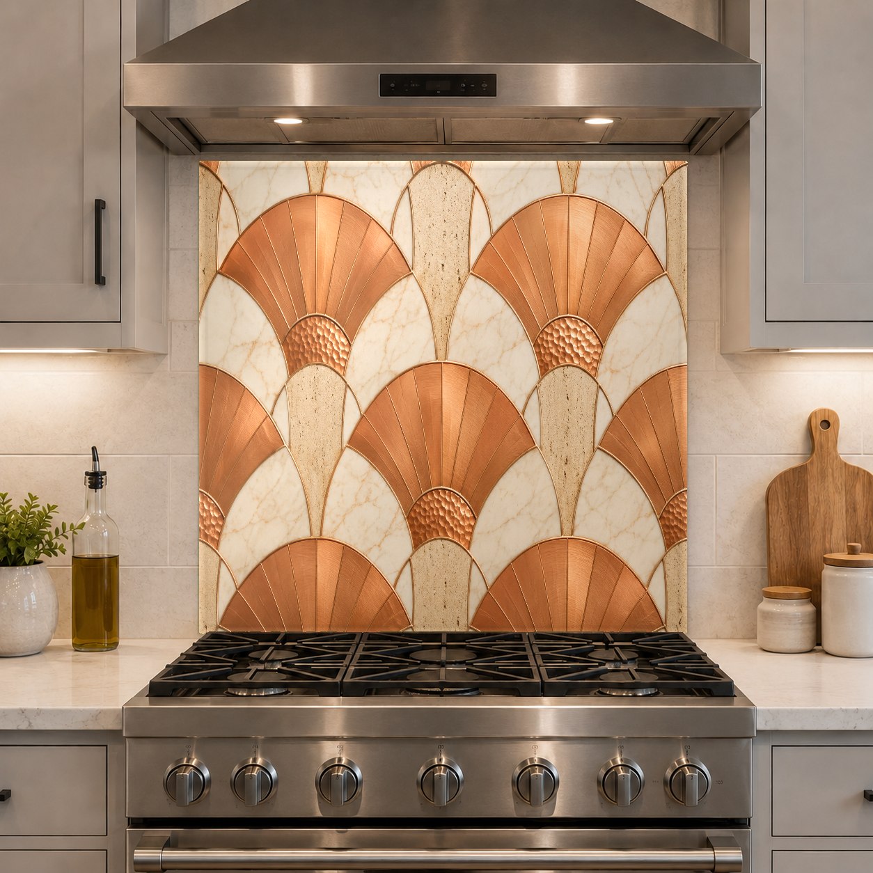 Modern kitchen island setting with a metallic copper abstract glass panel highlighting the cooktop station.