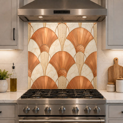 Modern kitchen island setting with a metallic copper abstract glass panel highlighting the cooktop station.