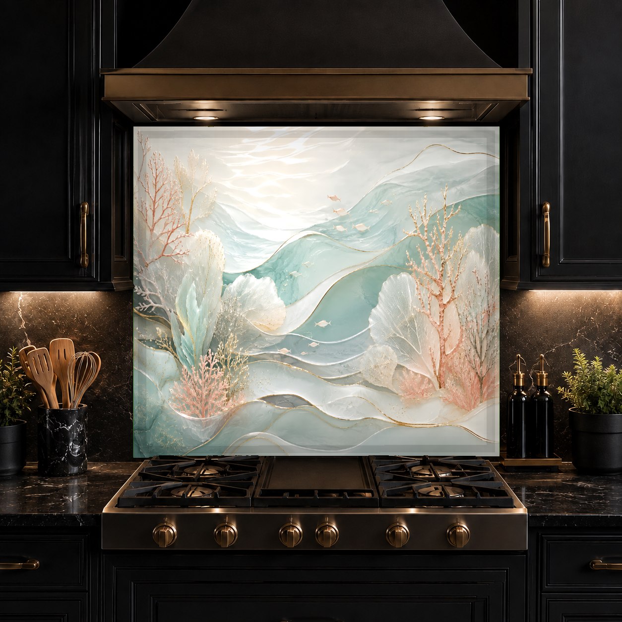 Heat-resistant beach glass backsplash behind a stainless steel stove