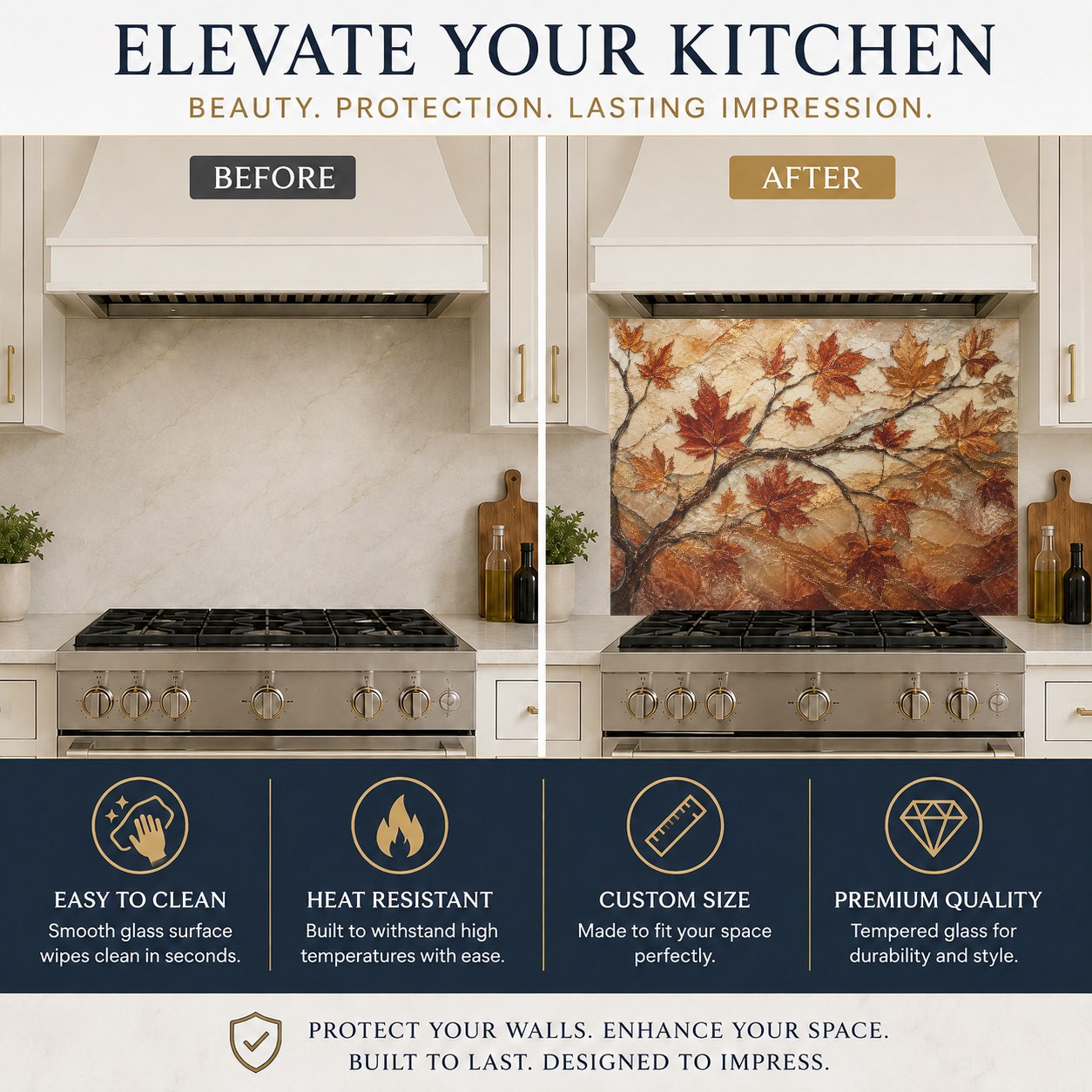 Rustic kitchen sink wall featuring an Autumn Maple glass backsplash panel for easy-to-clean wall protection.