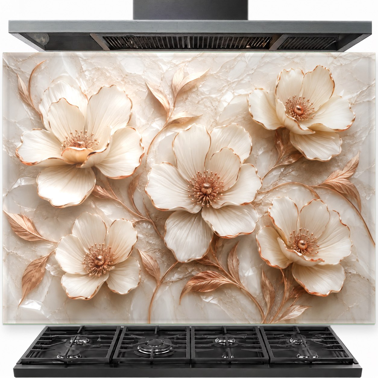 Floral copper tempered glass backsplash installed behind a modern gas stove in a luxury kitchen.