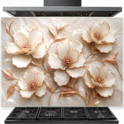 Floral copper tempered glass backsplash installed behind a modern gas stove in a luxury kitchen.