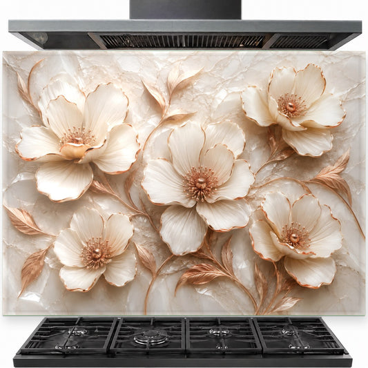 Floral copper tempered glass backsplash installed behind a modern gas stove in a luxury kitchen.