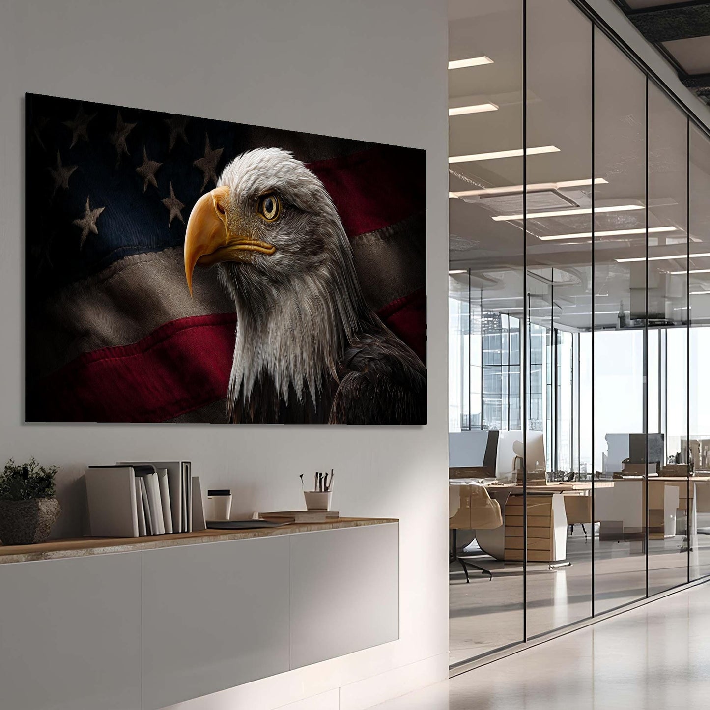 Bald eagle with American flag on a wall in an office setting