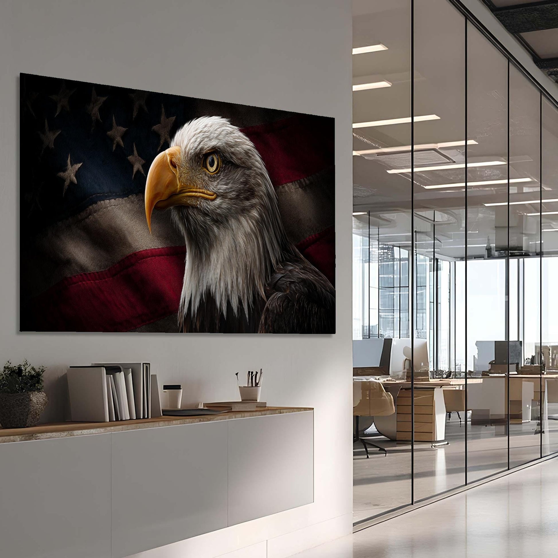 Bald eagle with American flag on a wall in an office setting