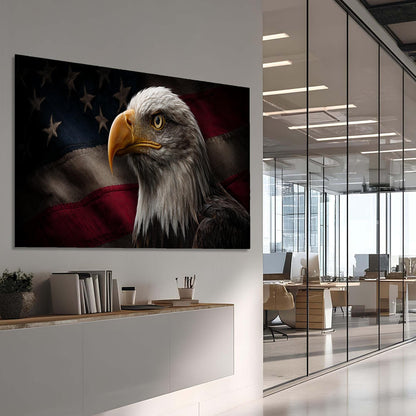 Bald eagle with American flag on a wall in an office setting