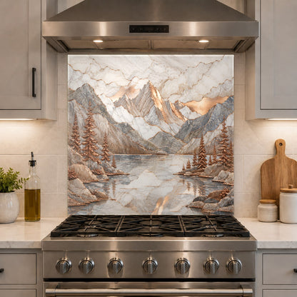 Easy-to-clean copper mountain lake glass stove guard backsplash in a rustic cabin-style kitchen.