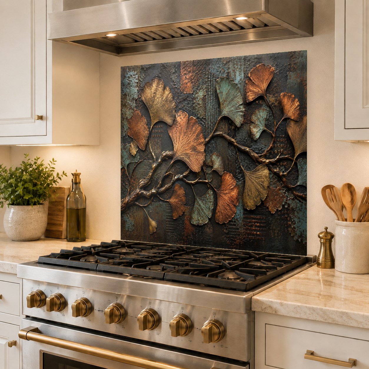 Custom tempered glass kitchen backsplash with botanical metallic ginkgo art