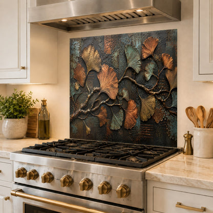 Custom tempered glass kitchen backsplash with botanical metallic ginkgo art