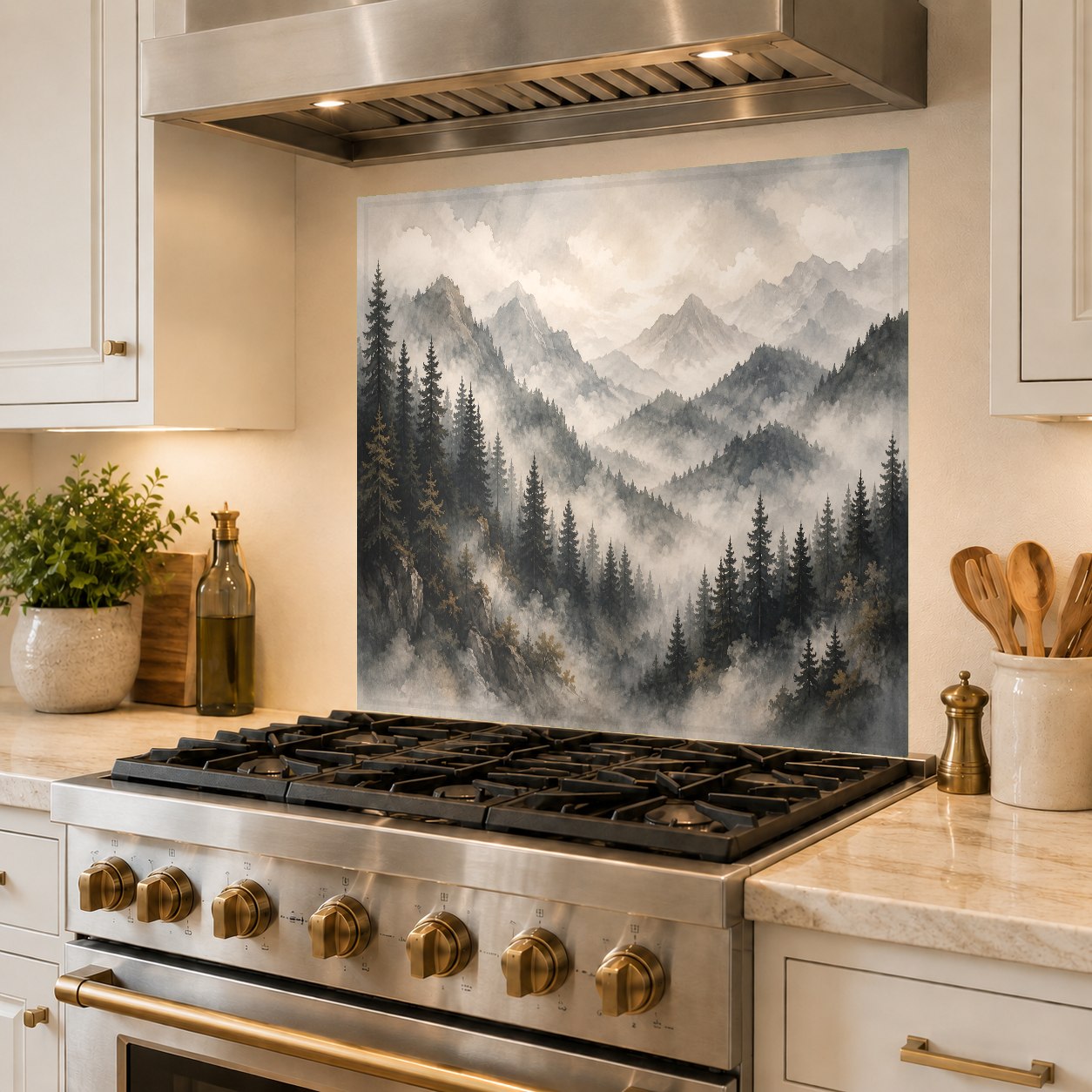 Durable tempered glass kitchen backsplash with a misty tree landscape behind a professional range.