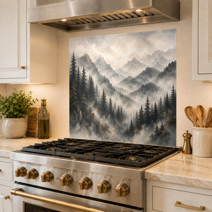 Durable tempered glass kitchen backsplash with a misty tree landscape behind a professional range.