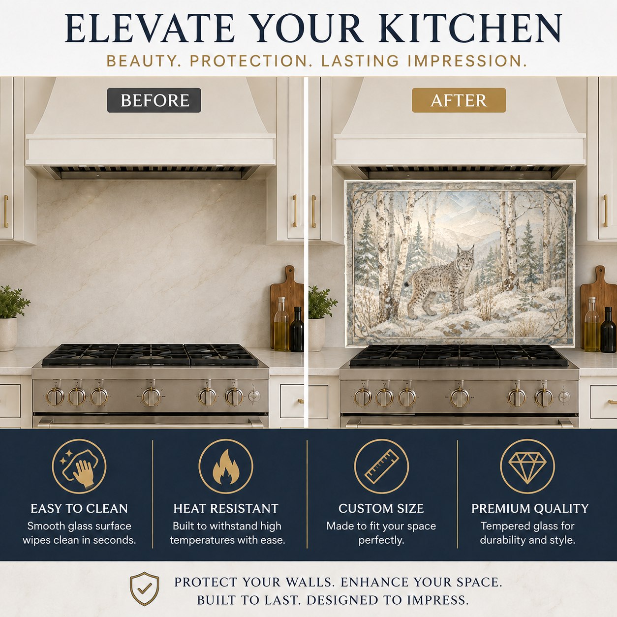 Winter woodland animal glass kitchen backsplash over sink wall