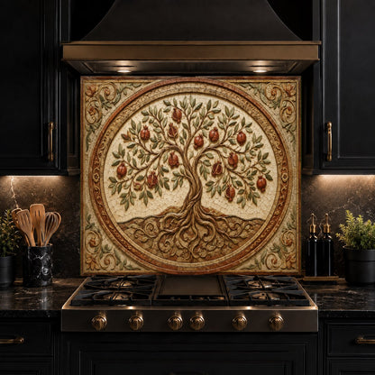A stylish Mediterranean-inspired kitchen featuring a red pomegranate glass stove guard backsplash.