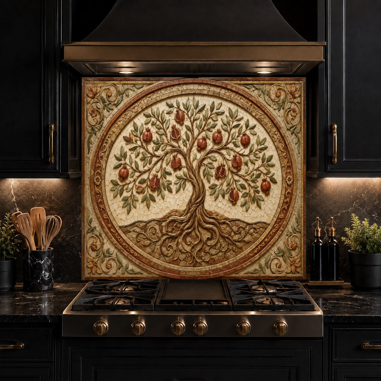 Custom-fit Pomegranate Crest tempered glass backsplash protecting the wall behind a kitchen stove.