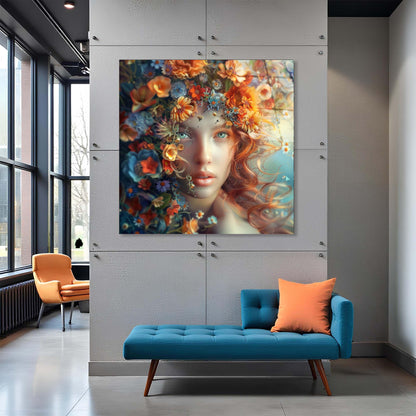 Modern interior with a colorful painting of a woman's face adorned with flowers, a blue sofa, and an orange chair.