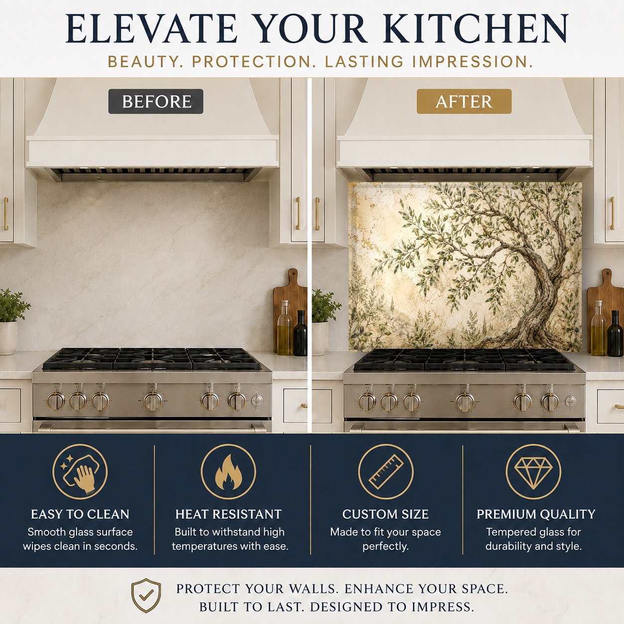 Mediterranean-style olive fresco glass panel acting as a sleek, grout-free backsplash behind a kitchen sink.