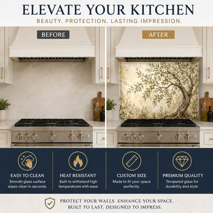 Mediterranean-style olive fresco glass panel acting as a sleek, grout-free backsplash behind a kitchen sink.
