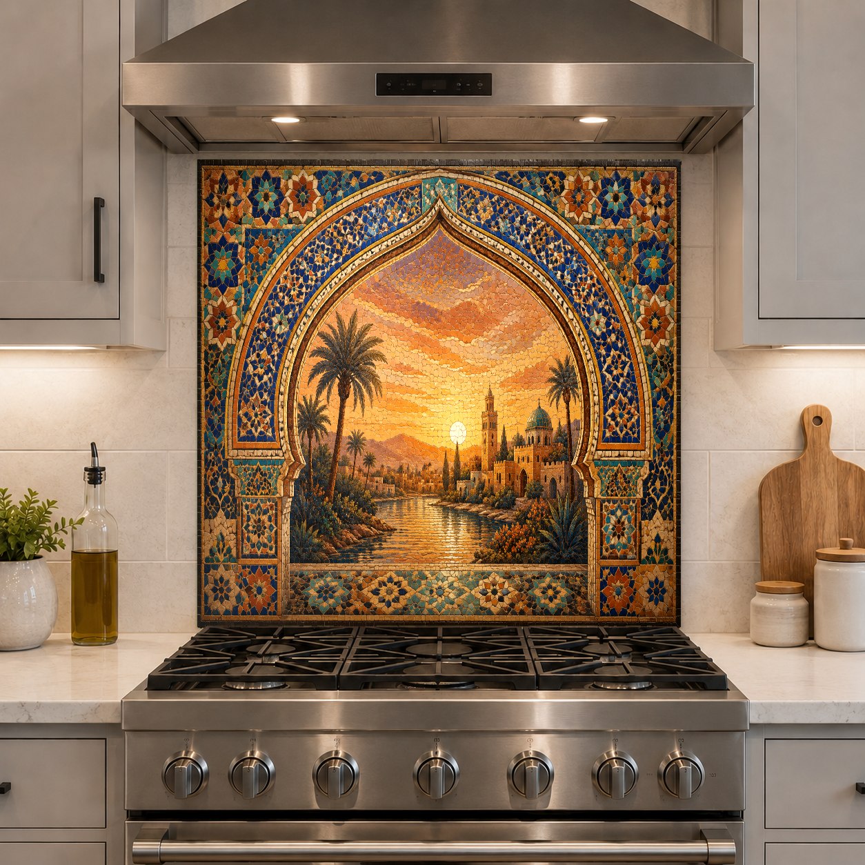 Close-up of the glossy, easy-to-clean Sunset Oasis tempered glass backsplash behind a professional range.