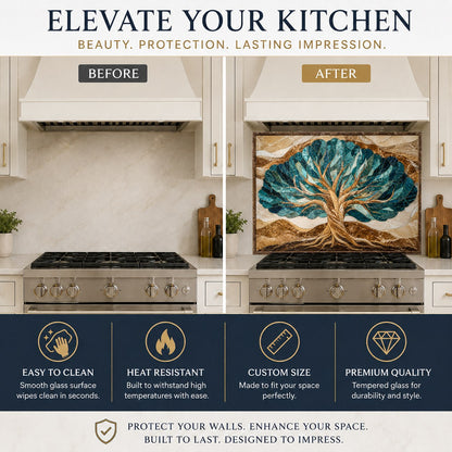 Close-up of the glossy Tree of Life kitchen glass backsplash behind a gas range