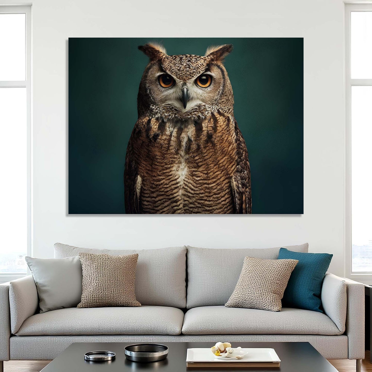 Framed picture of an owl on a wall above a sofa with decorative pillows.