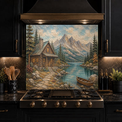 Custom-sized lake cabin tempered glass backsplash adding rustic charm to a home basement bar area.