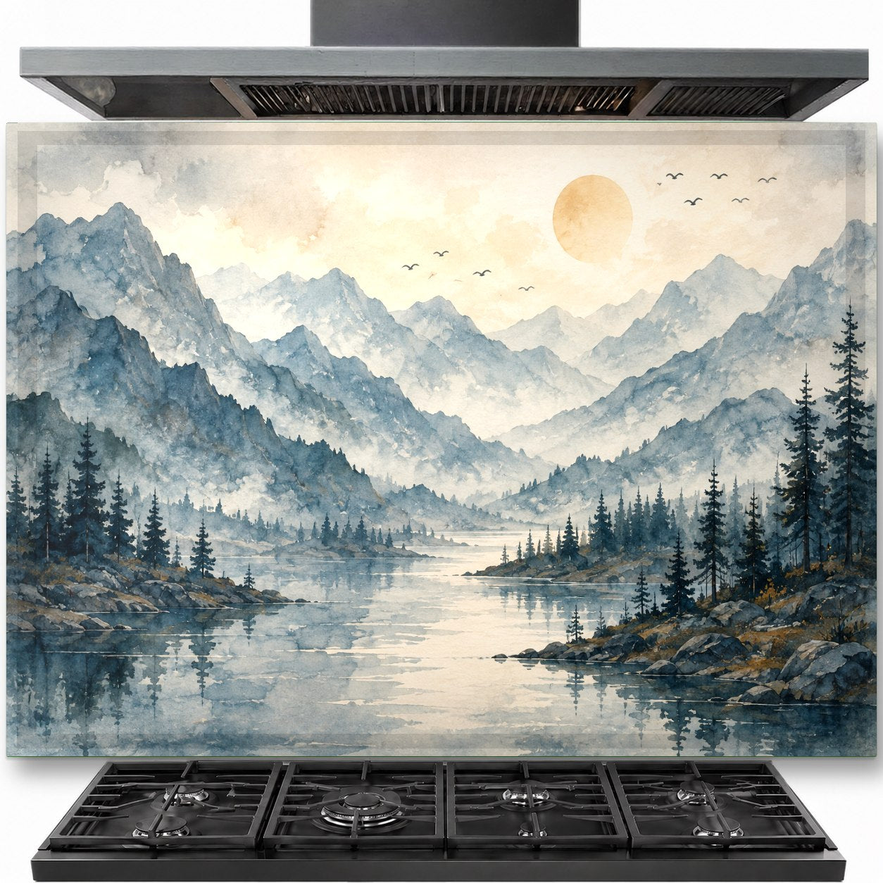 Misty Lake tempered glass backsplash installed behind a modern gas cooktop in a rustic kitchen.