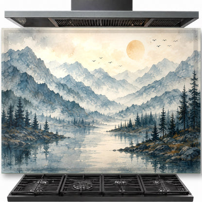 Misty Lake tempered glass backsplash installed behind a modern gas cooktop in a rustic kitchen.
