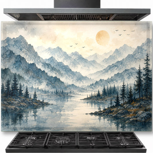 Misty Lake tempered glass backsplash installed behind a modern gas cooktop in a rustic kitchen.