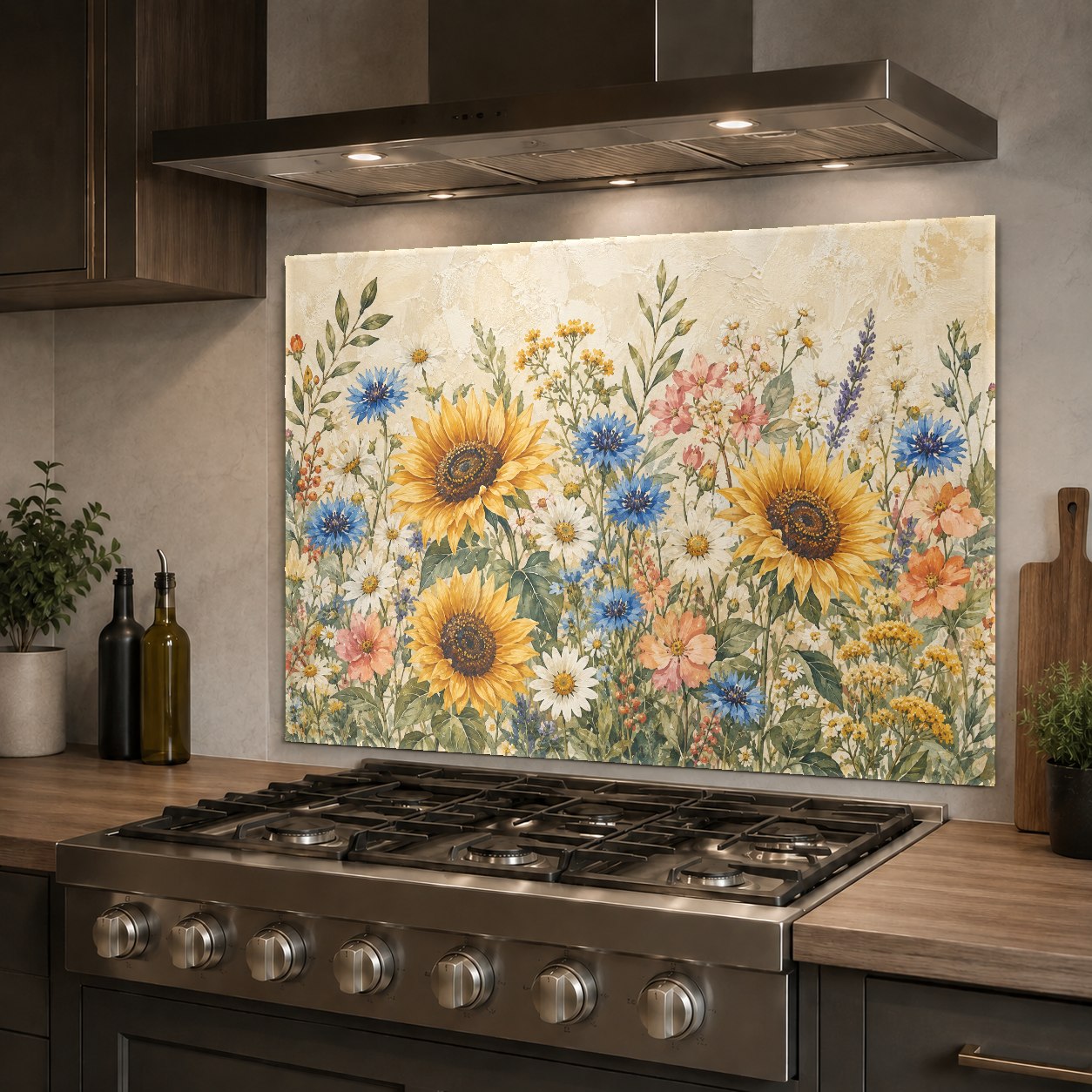 Beautiful sunflower patterned glass backsplash guard bringing bright color to a contemporary kitchen cooktop area.