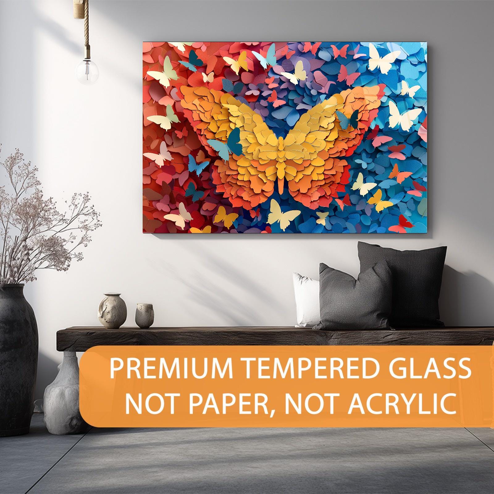 Colorful butterfly artwork on a wall with text about premium tempered glass.