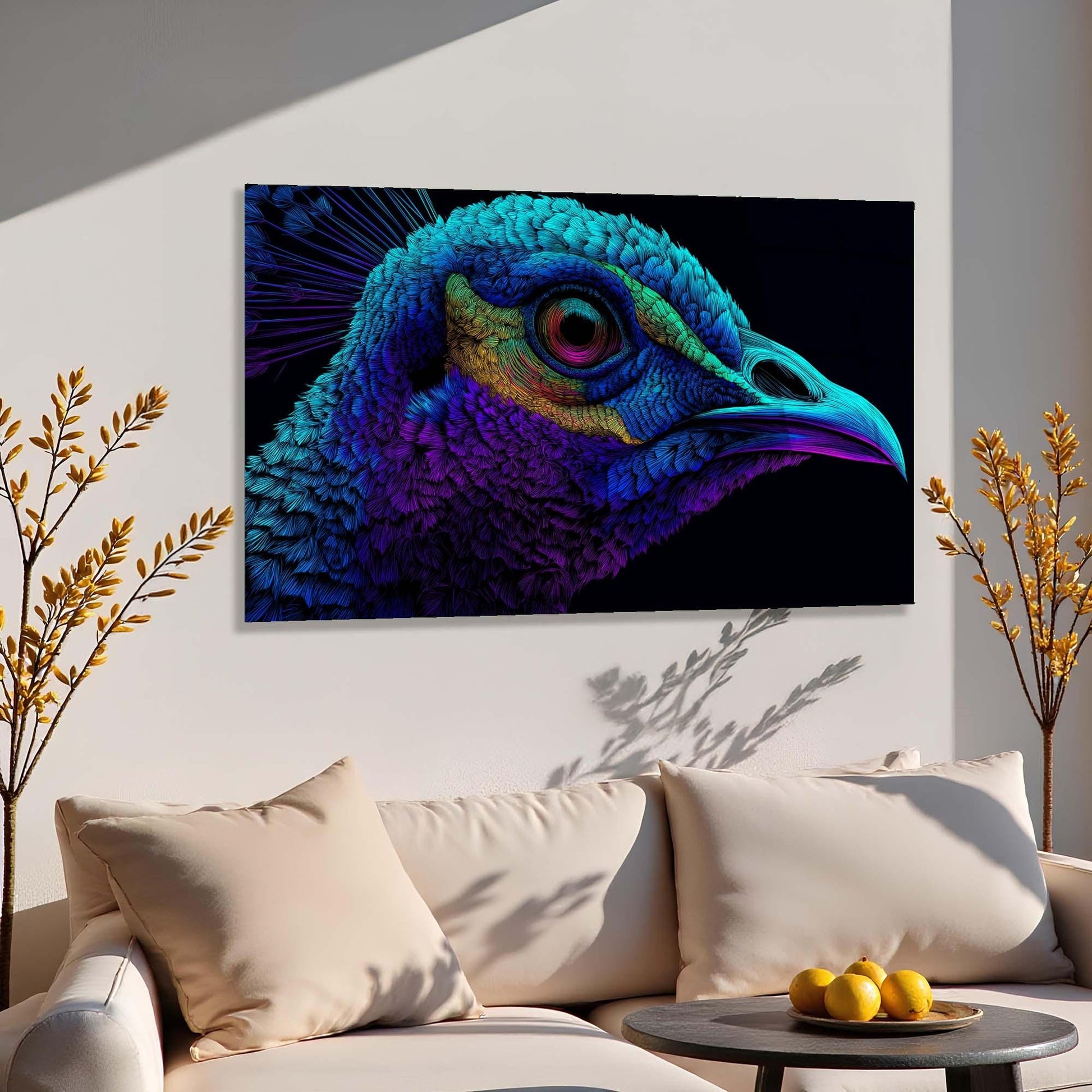 Colorful bird painting on a wall above a beige sofa with decorative pillows.