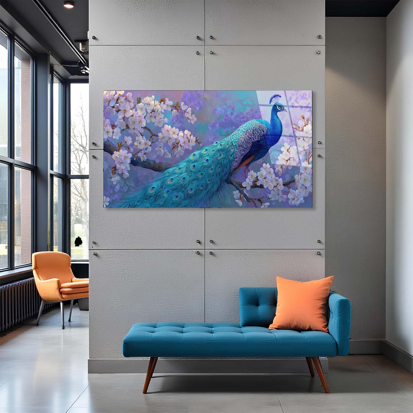 Peacock Blossom Tempered Glass Wall Art | Elegant Nature Decor