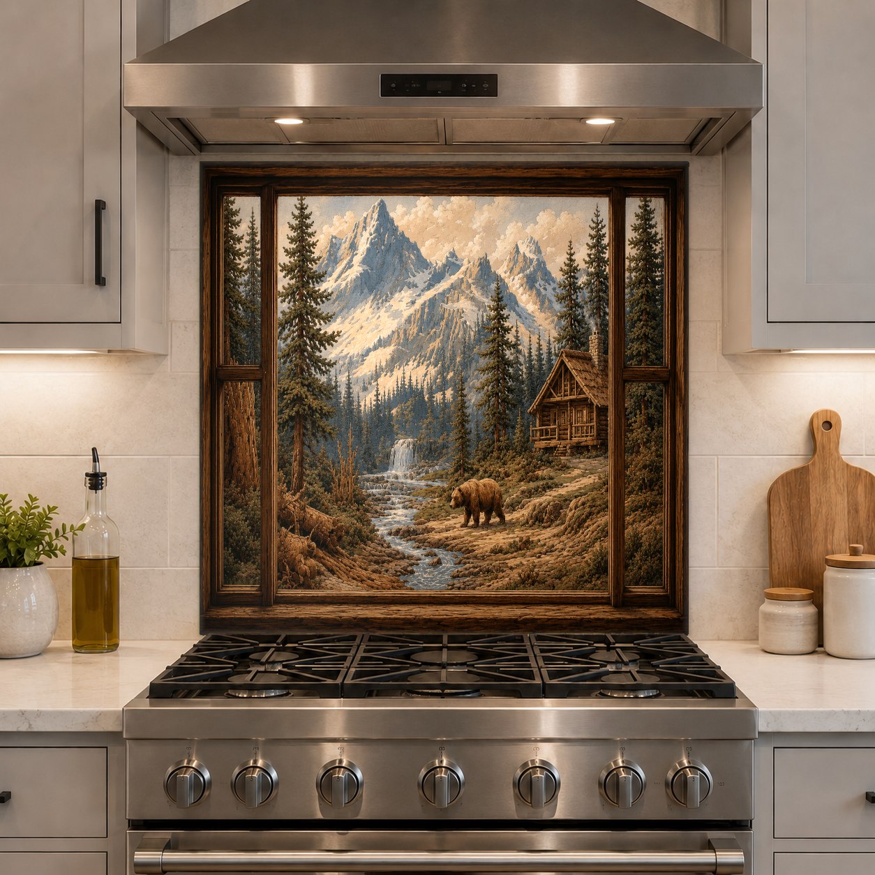 Close-up of mountain bear tempered glass backsplash showing high gloss finish