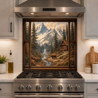 Close-up of mountain bear tempered glass backsplash showing high gloss finish