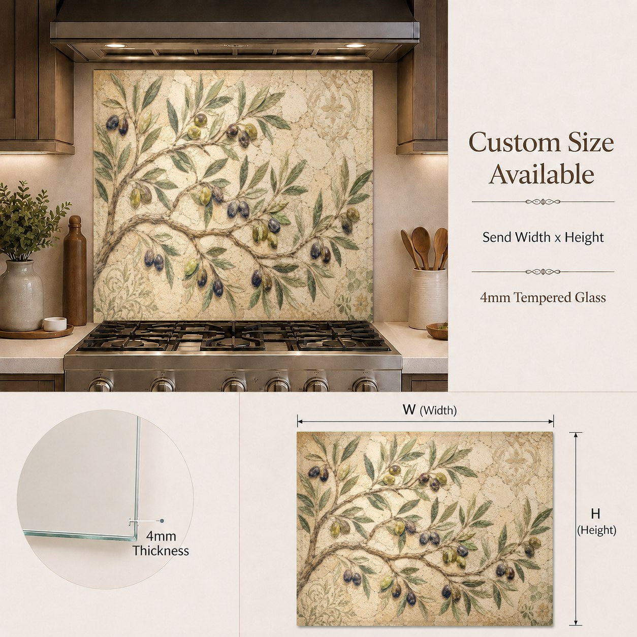 Heat-resistant olive tree glass backsplash protecting a residential kitchen wall