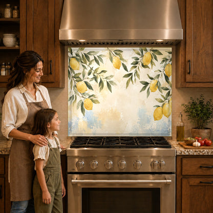 Botanical citrus lemon kitchen glass panel mounted behind an induction cooktop