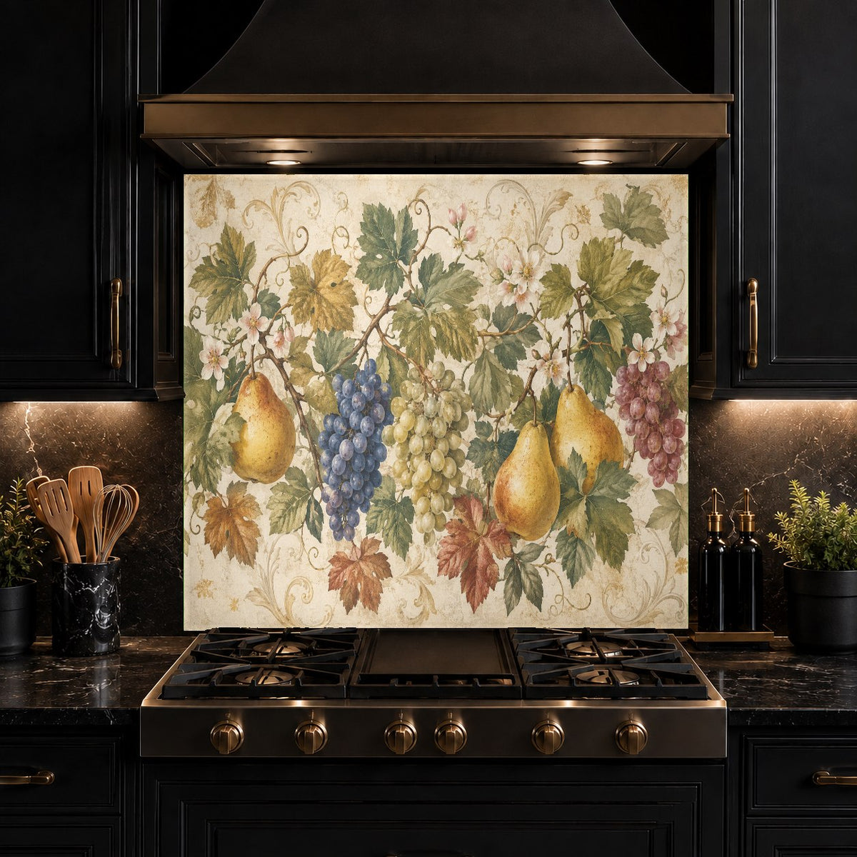 Modern farmhouse kitchen featuring a bright yellow citrus fruit glass backsplash behind the kitchen counter.
