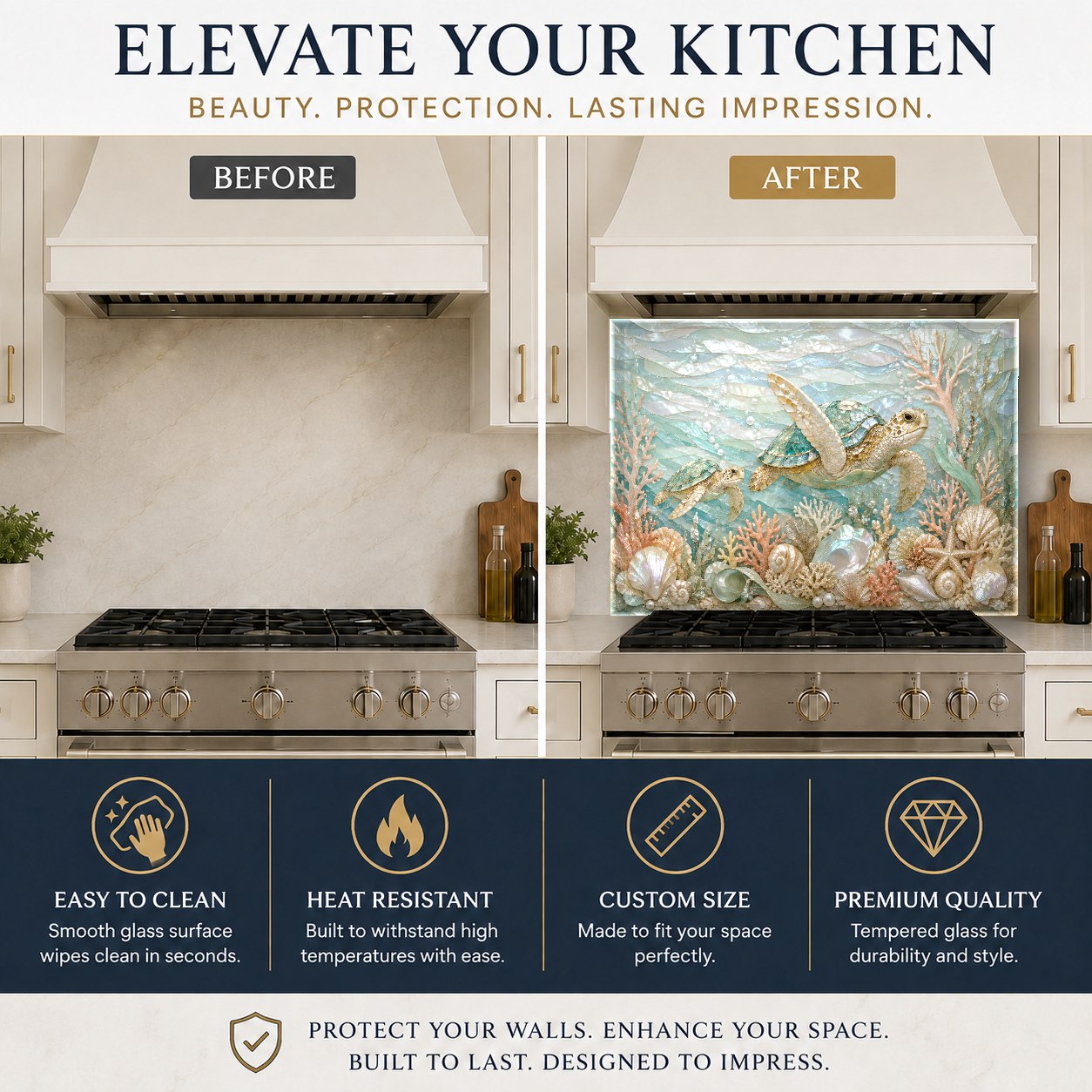 Sea turtle printed glass backsplash on modern kitchen sink wall