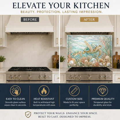 Sea turtle printed glass backsplash on modern kitchen sink wall