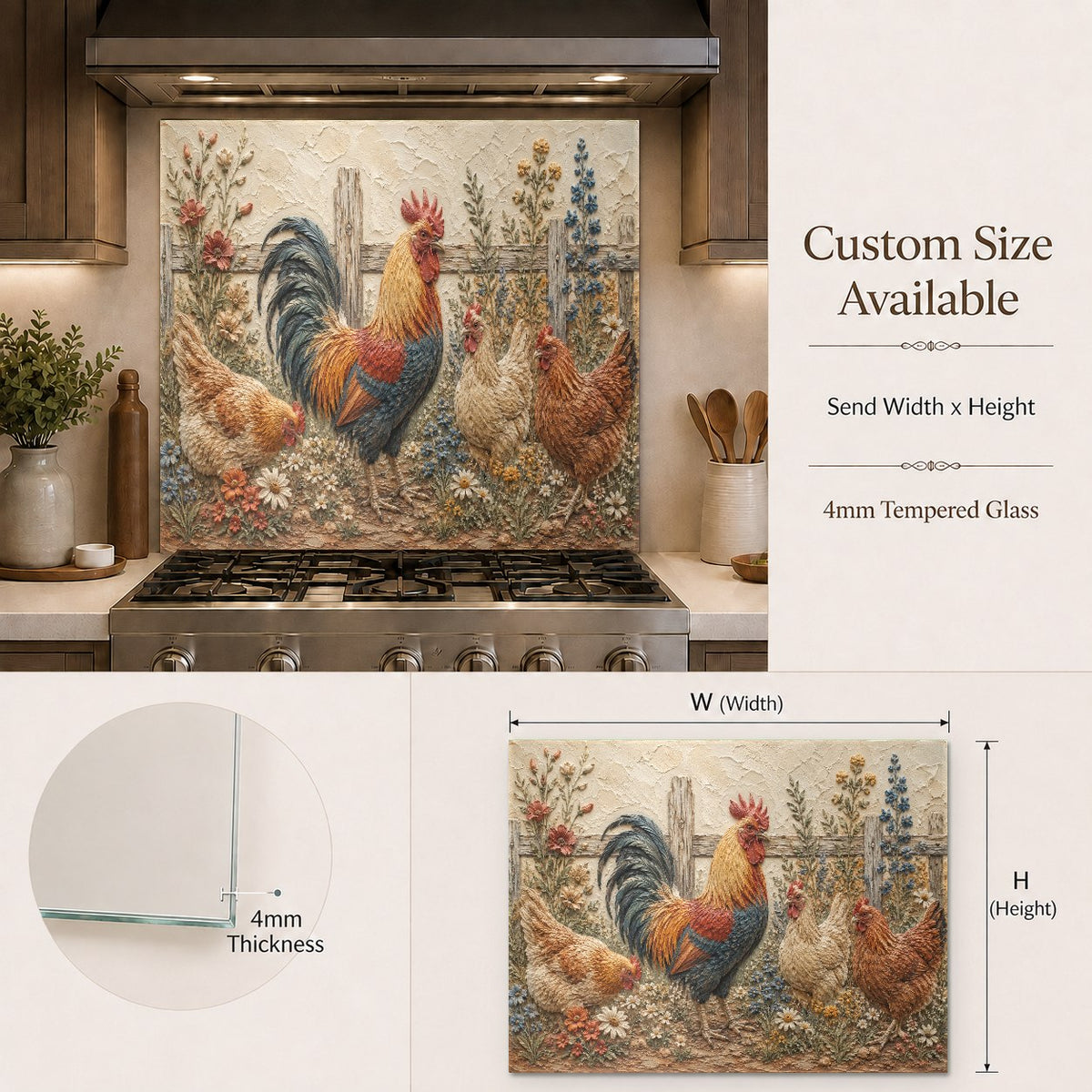 Decorative rooster tempered glass backsplash in kitchen bar area